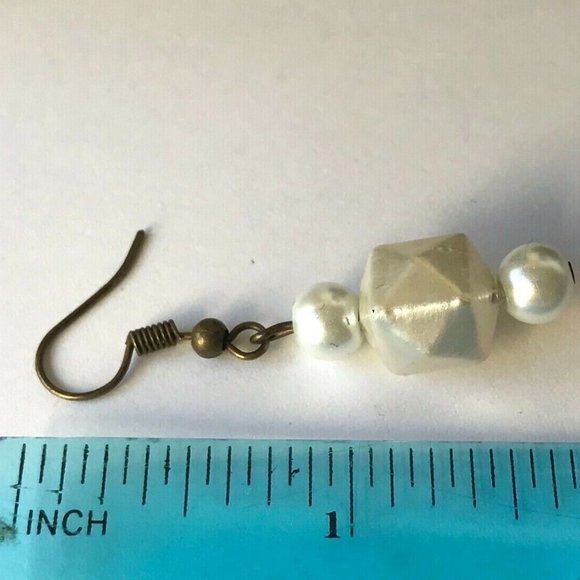 Vintage White Pearl Bead Earrings MCM Upcycled 60's Geometric Beads Bronze Tone - Picture 7 of 8